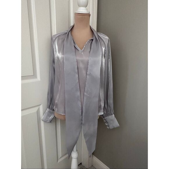Lulu’s Luxe Shiny Silver Tie-Neck Top - Picture 2 of 12